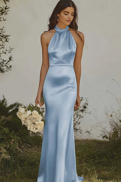 Dusty Sage Sheath Halter Backless Long Satin Bridesmaid Dress