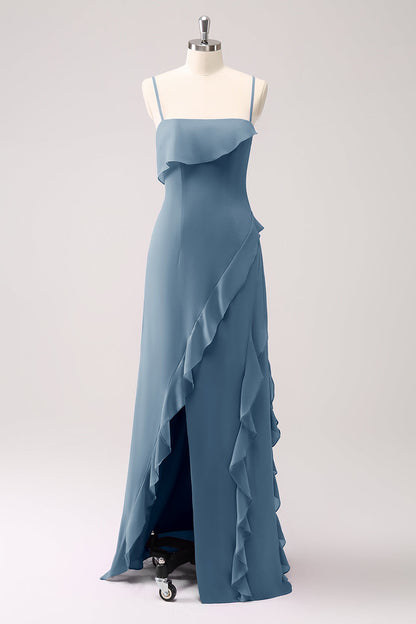 Eucalyptus Ruffled Spaghetti Straps Chiffon Long Bridesmaid Dress with Slit