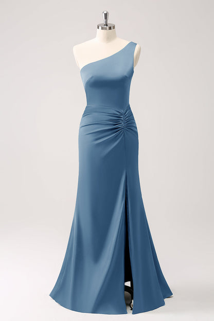 Eucalyptus One Shoulder Mermaid Satin Long Bridesmaid Dress