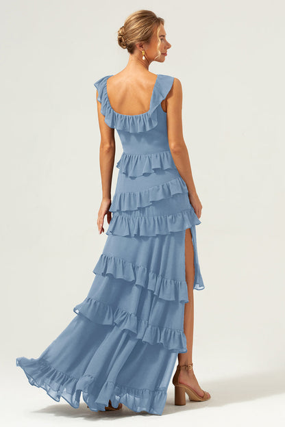 Dark Navy A-Line Ruffleed Chiffon Long Bridesmaid Dress with Slit