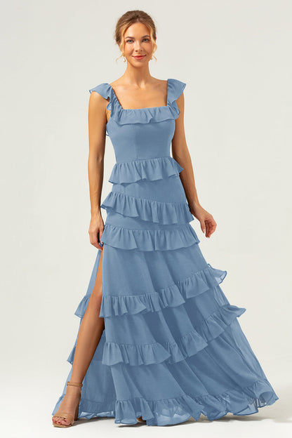Dark Navy A-Line Ruffleed Chiffon Long Bridesmaid Dress with Slit