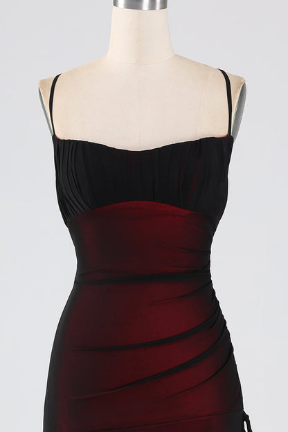 Black Red Spaghetti Straps Mermaid Pleated Long Bridesmaid Dress with Slit