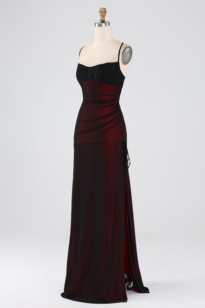 Black Red Spaghetti Straps Mermaid Pleated Long Bridesmaid Dress with Slit
