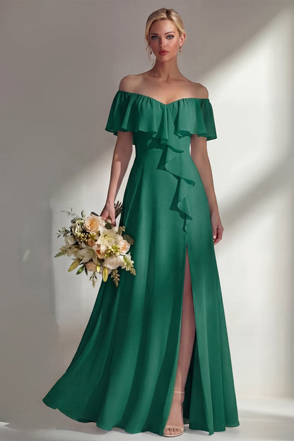 Off the Shoulder A Line Ruffled Sage Green Long Beach Bridesmaid Dress with Slit