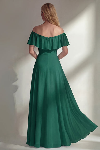 Off the Shoulder A Line Ruffled Sage Green Long Beach Bridesmaid Dress with Slit