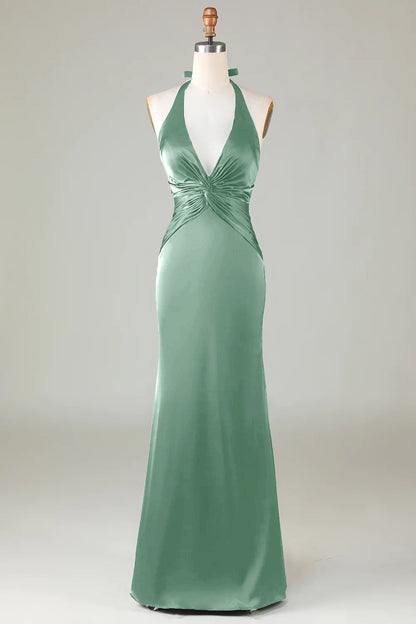 Mermaid Halter Dusty Blue Long Satin Bridesmaid Dress