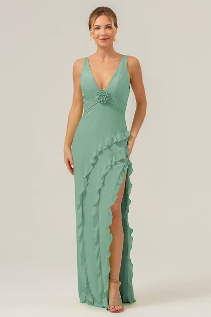 Lime Deep V Neck Ruffles Long Bridesmaid Dress with Slit