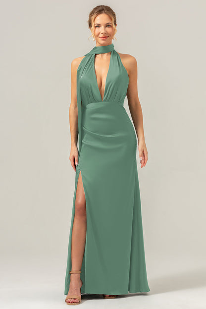 Peacock Sheath V-Neck Backless Long Bridesmaid Dress with Slit