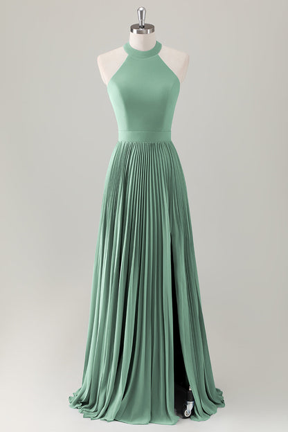 Dark Green A-Line Halter Long Bridesmaid Dress with Slit