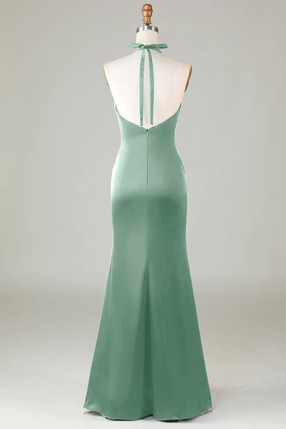 Mermaid Halter Dusty Blue Long Satin Bridesmaid Dress