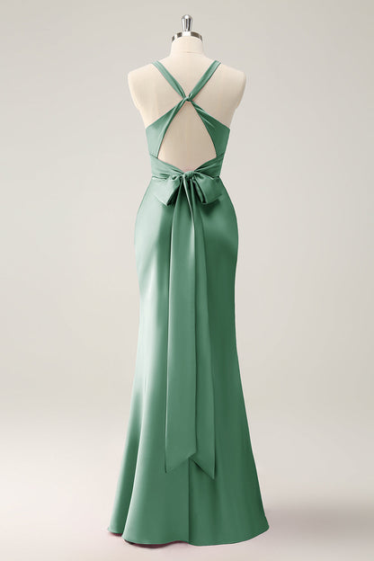 Dusty Blue Mermaid V Neck Satin Long Bridesmaid Dress