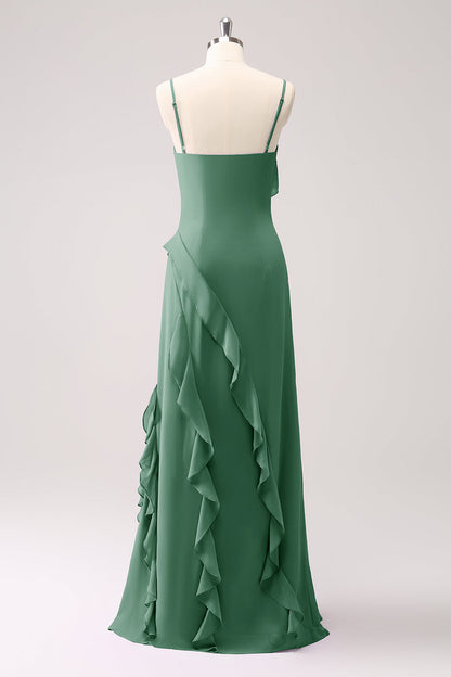 Dusty Sage Ruffled Spaghetti Straps Chiffon Long Bridesmaid Dress with Slit