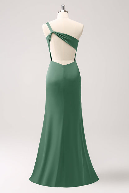 Eucalyptus One Shoulder Mermaid Satin Long Bridesmaid Dress
