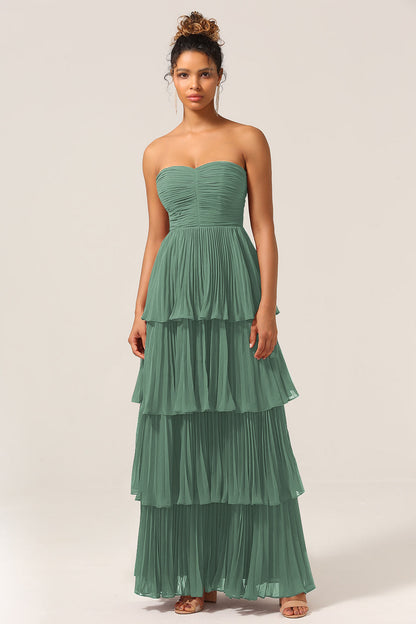 Flowy Chiffon Dusty Blue Sweetheart Tiered Long Bridesmaid Dress