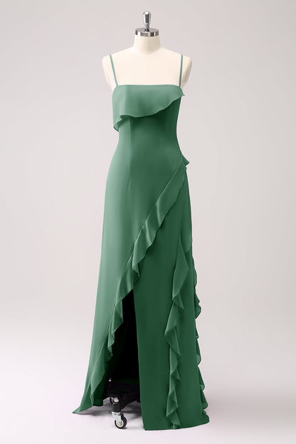 Dusty Sage Ruffled Spaghetti Straps Chiffon Long Bridesmaid Dress with Slit