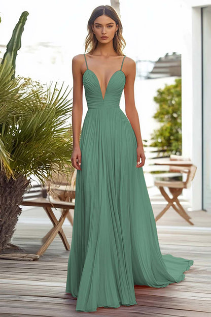 Pink Spaghetti Straps Chiffon Long Wedding Guest Dress with Pleated