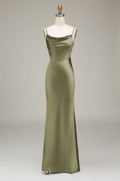 Dusty Blue Sheath Spaghetti Straps Satin Long Bridesmaid Dress