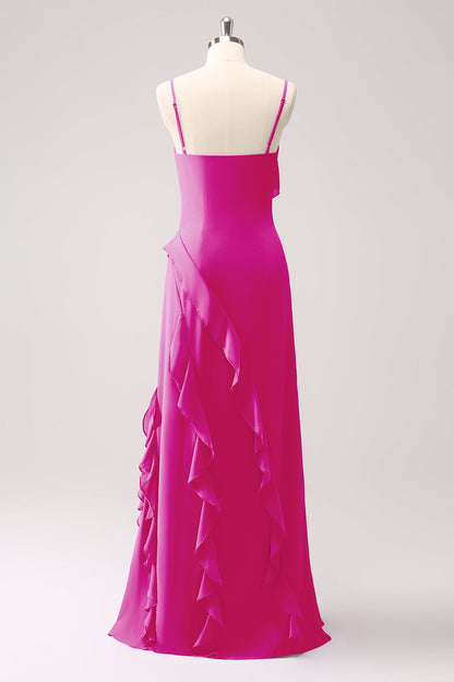 Dusty Sage Ruffled Spaghetti Straps Chiffon Long Bridesmaid Dress with Slit