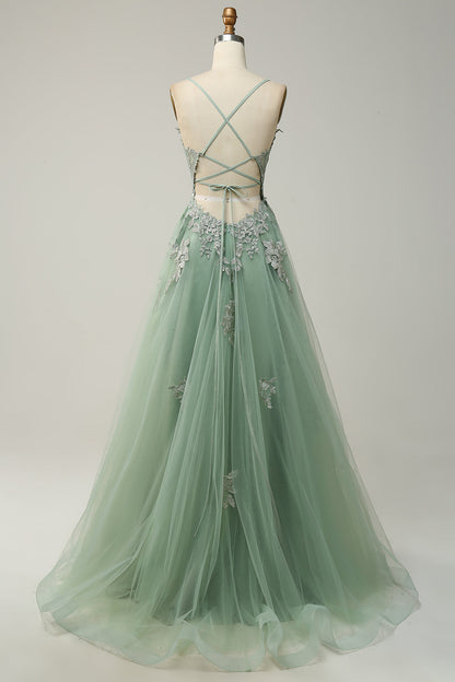 Plus Size Green Spaghetti Straps Appliques Tulle Long Prom Dress