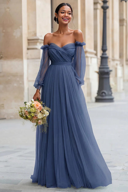Eucalyptus Off the Shoulder Tulle A-Line Long Bridesmaid Dress with Sleeves
