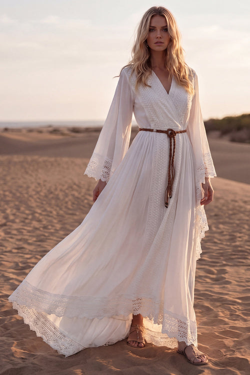 White V-Neck A Line Long Sleeves Beach Western Wedding Dress with Lace