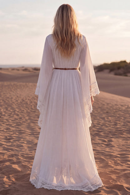 White V-Neck A Line Long Sleeves Beach Western Wedding Dress with Lace