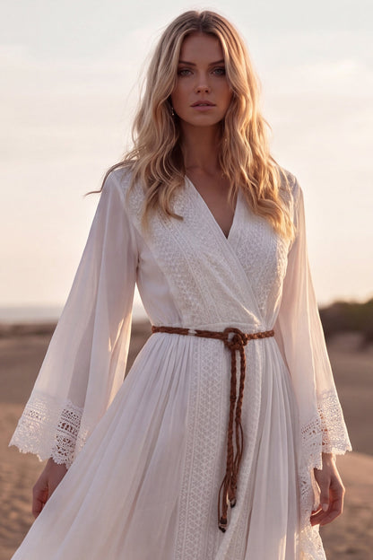 White V-Neck A Line Long Sleeves Beach Western Wedding Dress with Lace