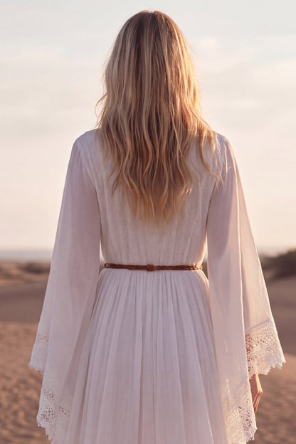 White V-Neck A Line Long Sleeves Beach Western Wedding Dress with Lace