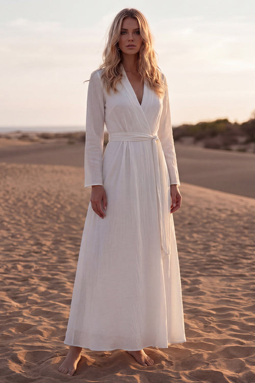 V-Neck A Line White Long Sleeves Beach Western Wedding Dress with Sash