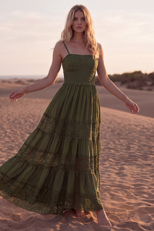 Green A Line Spaghetti Straps Maxi Boho Dress with Lace