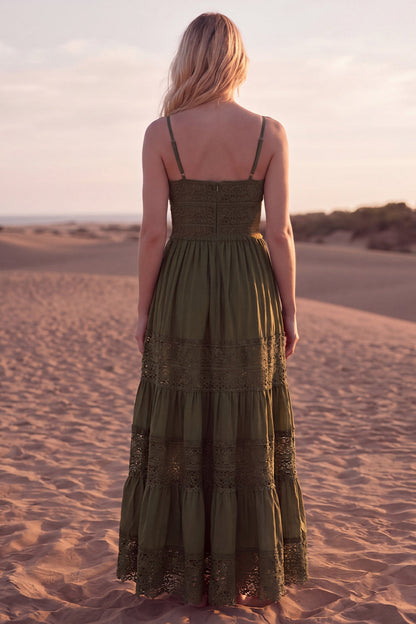 Green A Line Spaghetti Straps Maxi Boho Dress with Lace