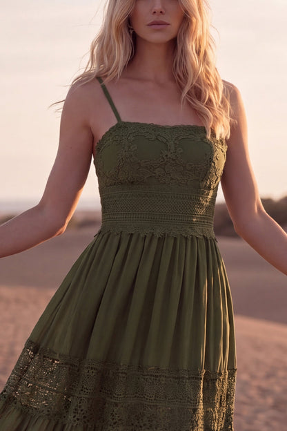 Green A Line Spaghetti Straps Maxi Boho Dress with Lace