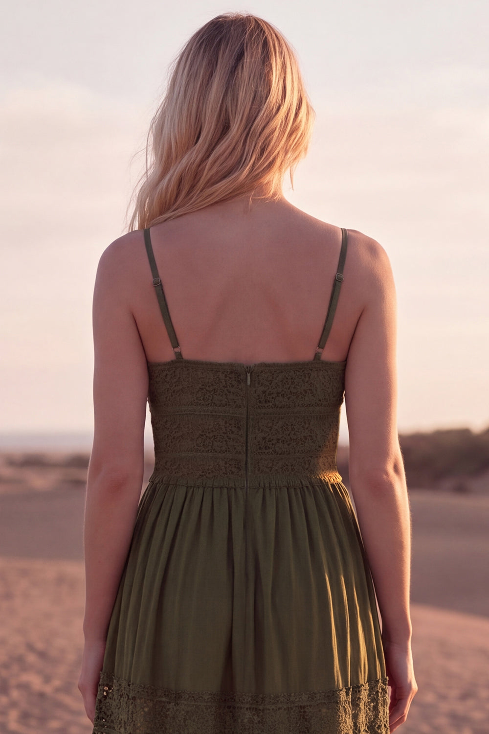 Green A Line Spaghetti Straps Maxi Boho Dress with Lace