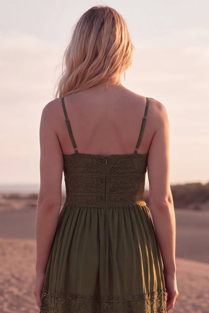 Green A Line Spaghetti Straps Maxi Boho Dress with Lace