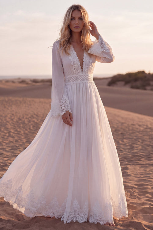 A Line White V-Neck Long Sleeves Beach Western Wedding Dress with Lace