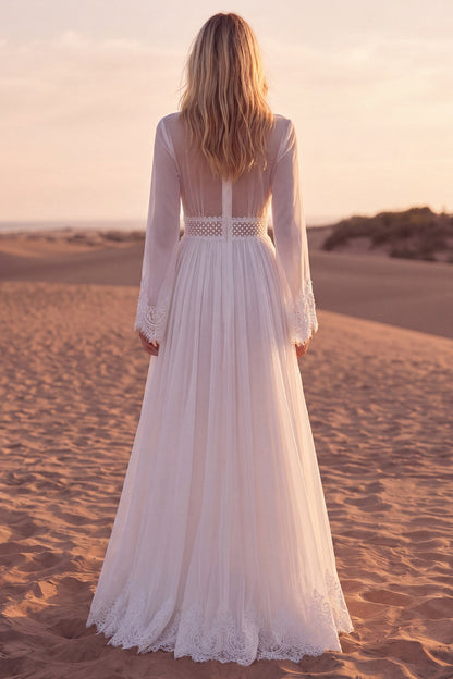 A Line White V-Neck Long Sleeves Beach Western Wedding Dress with Lace