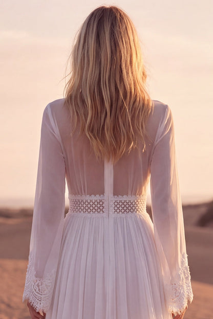 A Line White V-Neck Long Sleeves Beach Western Wedding Dress with Lace
