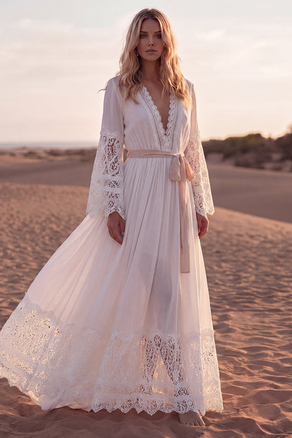 A Line White Long Sleeves V-Neck Beach Western Wedding Dress with Sash
