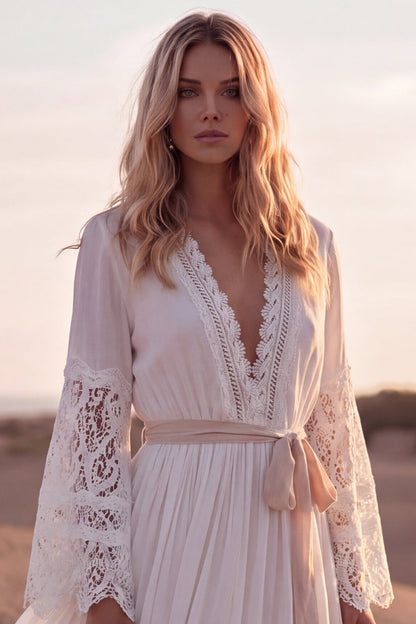A Line White Long Sleeves V-Neck Beach Western Wedding Dress with Sash