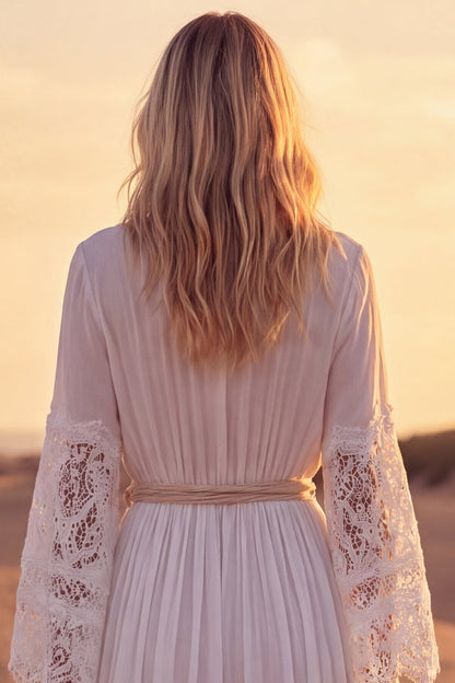 A Line White Long Sleeves V-Neck Beach Western Wedding Dress with Sash