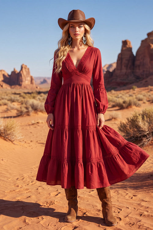 Red V-Neck Maxi A Line Long Sleeves Boho Dress