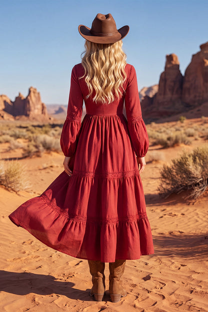 Red V-Neck Maxi A Line Long Sleeves Boho Dress