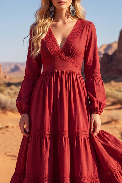 Red V-Neck Maxi A Line Long Sleeves Boho Dress