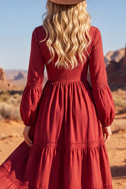Red V-Neck Maxi A Line Long Sleeves Boho Dress