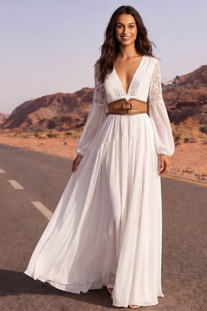 White Long V-Neck Long Sleeves A Line Boho Wedding Dress with Belt