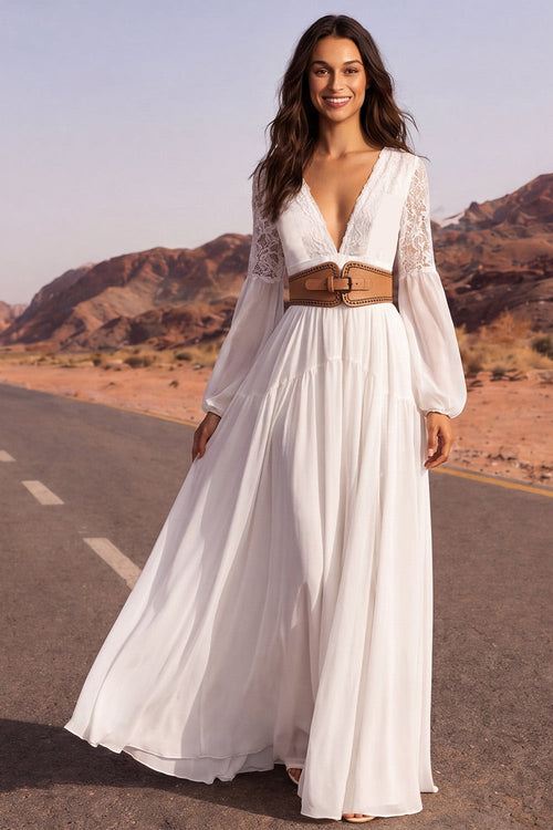 White Long V-Neck Long Sleeves A Line Boho Wedding Dress with Belt