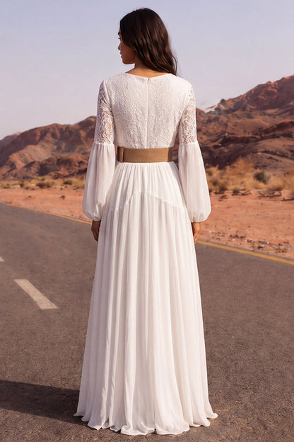 White Long V-Neck Long Sleeves A Line Boho Wedding Dress with Belt