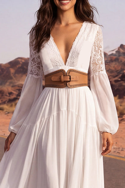 White Long V-Neck Long Sleeves A Line Boho Wedding Dress with Belt