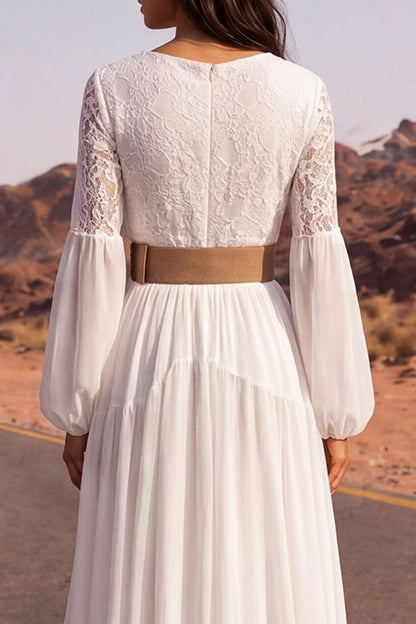 White Long V-Neck Long Sleeves A Line Boho Wedding Dress with Belt