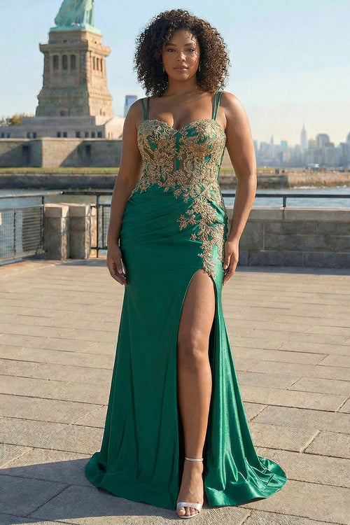 Plus Size Sparkly Floral Dark Green Mermaid Satin Long Corset Prom Dress with Slit